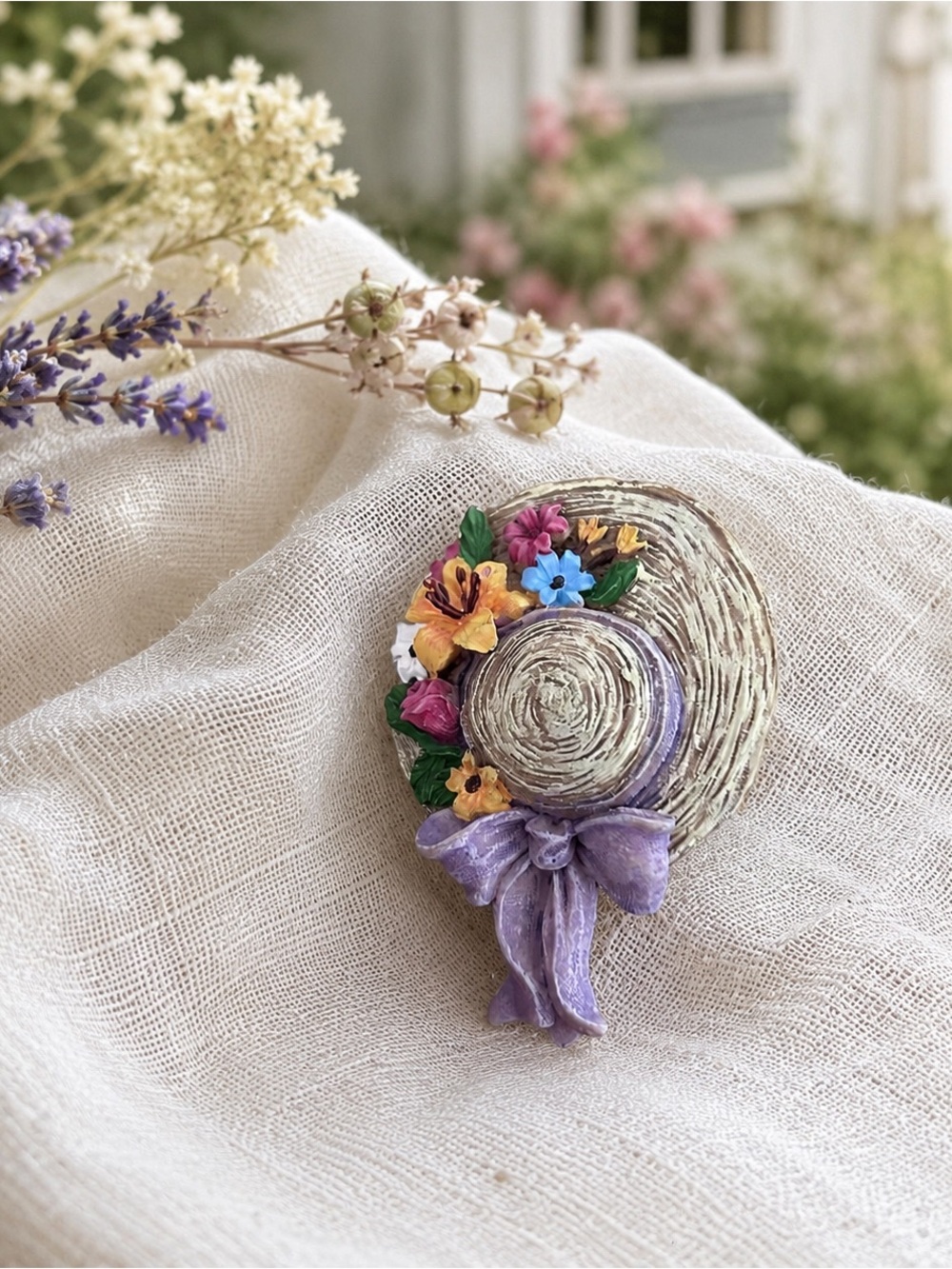 Floral Straw Hat Brooch Pin Lavender Bow Cottagecore Garden Party Jewellery